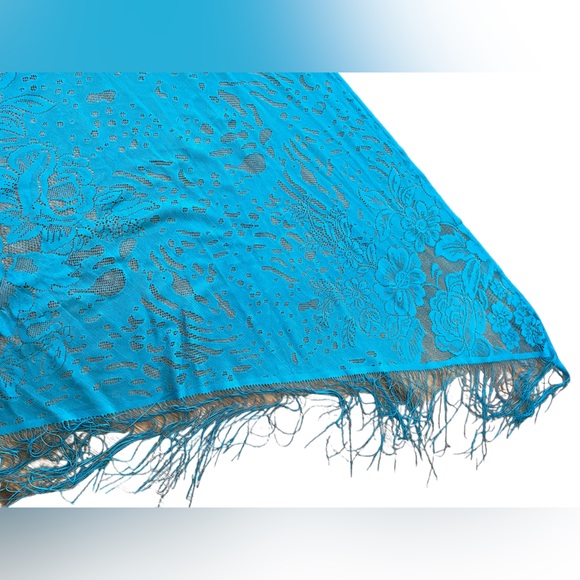 Boho Witch Hippie Ethereal Romantic Blue Sheer Floral Fringe Bandana Lace Shawl - Picture 7 of 8